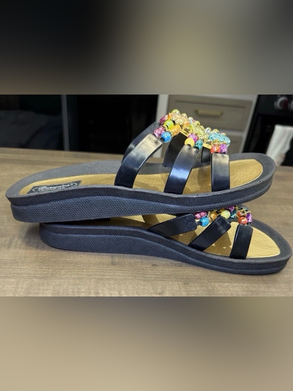GRANDCO SANDALS Beach Pool SLIDE Sz 10 BLING Color Beads BLACK SLIDE Flip Flops - Picture 4 of 10